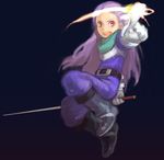  breath_of_fire breath_of_fire_iii full_body long_hair magic male_focus pointing purple_hair solo sword teepo toisu weapon younger 