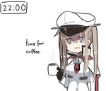  bags_under_eyes black_gloves blue_eyes bow bowtie brown_hair capelet coffee coffee_mug cup english gloves graf_zeppelin_(kantai_collection) hat holding holding_cup jitome kantai_collection melone_(melonenbrot) military military_uniform mug naval_uniform peaked_cap sidelocks simple_background solo steam timestamp tired twintails uniform white_background 