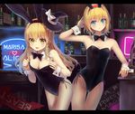  :d alice_margatroid animal_ears bangs bar bare_shoulders black_bow black_hat black_leotard black_neckwear blonde_hair blue_eyes blush bottle bow bowtie braid breasts bunny_ears bunny_girl bunny_tail bunnysuit character_name cleavage closed_mouth cowboy_shot culter detached_collar earrings eyebrows eyebrows_visible_through_hair fake_animal_ears fishnet_pantyhose fishnets flipped_hair frills hair_bow hairband hand_on_own_head hat hat_bow hat_ribbon heart indoors jewelry kirisame_marisa leaning_forward leaning_to_the_side leotard letterboxed long_hair looking_at_viewer medium_breasts mini_hat mini_witch_hat multiple_girls neon_lights open_mouth pantyhose pulled_by_self ribbon short_hair side-tie_leotard signpost small_breasts smile tail teeth thigh_gap touhou white_bow wine_bottle witch_hat wooden_wall wrist_cuffs yellow_eyes 