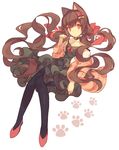  animal_ears bare_shoulders black_legwear brown_hair cardigan cat choker dress full_body hair_ornament hair_ribbon hairclip highres long_hair low_twintails original paw_pose paw_print red_eyes red_footwear ribbon shoes short_dress simple_background solo twintails white_background yasiromann 