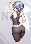  alternate_costume arm_up armpits ass ayanami_rei back bangs bare_shoulders bike_shorts black_shorts blue_hair breasts cowboy_shot crop_top evan_yang from_above from_behind grey_background hair_between_eyes hand_on_hip headgear highres hips logo looking_to_the_side midriff neon_genesis_evangelion nerv panties pantylines profile red_eyes short_hair shorts skin_tight sleeveless small_breasts solo sportswear standing tank_top thighs underwear 
