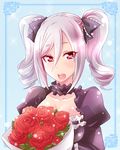  breasts drill_hair flower gothic_lolita hair_between_eyes hair_ribbon heart heart-shaped_pupils idolmaster idolmaster_cinderella_girls kanzaki_ranko kobayashi_tetsuya lolita_fashion long_hair looking_at_viewer medium_breasts open_mouth red_eyes red_flower red_rose ribbon rose silver_hair smile solo sparkle symbol-shaped_pupils twin_drills twintails 