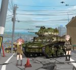  2girls alisa_(girls_und_panzer) artist_name bangs baton bird black_footwear black_shorts blue_sky boots brown_eyes brown_hair brown_jacket building cityscape closed_mouth cloud cloudy_sky crack day emblem eyebrows_visible_through_hair freckles frown girls_und_panzer ground_vehicle hair_ornament hands_in_pockets holding jacket kneehighs loafers long_sleeves looking_at_viewer military military_uniform military_vehicle motor_vehicle multiple_girls naomi_(girls_und_panzer) open_mouth outdoors road roundel saunders_military_uniform shasu_(lastochka) shoes short_hair short_twintails shorts signature sky standing star star_hair_ornament tank traffic_cone twintails uniform utility_pole vehicle_request very_short_hair 