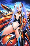  :d bad_id bad_pixiv_id bare_shoulders blue_hair blue_sky bodysuit cleavage_cutout cloud eyebrows eyebrows_visible_through_hair eyes_visible_through_hair gloves hair_between_eyes hand_on_own_thigh highres leaning_back long_hair looking_at_viewer mecha_musume navel navel_cutout open_mouth original outdoors red_eyes science_fiction sitting sky smile solo solru spread_legs very_long_hair 