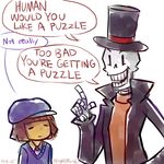  androgynous brown_hair cosplay english flat_cap frisk_(undertale) hat hershel_layton hershel_layton_(cosplay) highres luke_triton luke_triton_(cosplay) night_(nightmargin) papyrus_(undertale) professor_layton skeleton top_hat undertale 