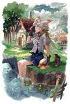  animal_ears barefoot boots boots_removed bug cloud cloudy_sky day dragonfly frog gloves green_eyes insect kyuusugi_toku long_hair original river shoes_removed silver_hair sitting skirt sky soaking_feet solo tail tree water 