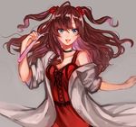  :d ahoge bangs black_ribbon bow breasts brown_hair choker cleavage collarbone cowboy_shot dress grey_background hair_bow highres holding ichinose_shiki idolmaster idolmaster_cinderella_girls ilo labcoat liquid long_hair looking_at_viewer medium_breasts off_shoulder open_mouth red_bow red_dress ribbon simple_background sleeveless sleeveless_dress smile solo test_tube two_side_up 