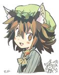  animal_ears blush_stickers brown_eyes brown_hair cat_ears chen fang hat long_sleeves mob_cap morino_hon open_mouth portrait shirt short_hair simple_background smile text_focus touhou vest white_background yakumo_ran 