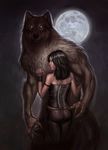  anthro biceps black_hair black_nose brown_fur canine capprotii claws clothed clothing couple detailed digital_media_(artwork) duo female full_moon fur green_eyes guardian hair hug human human_on_anthro interspecies larger_male long_hair looking_at_viewer male male/female mammal moon muscular night no_pupils nude pose size_difference smaller_female standing were werewolf 