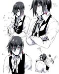  bad_id bad_pixiv_id black_hair black_nails collage cowl_(hoshino_kaoru) cravat crossed_arms dishwashing hair_between_eyes headdesk hoshino_kaoru male_focus nail_polish original red_eyes shirt sleeves_pushed_up solo squiggle vest washing 