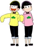  :3 black_eyes black_hair bow bowtie brothers full_body heart heart_in_mouth hood hoodie male_focus matsuno_juushimatsu matsuno_todomatsu multiple_boys open_mouth osomatsu-kun osomatsu-san siblings sleeves_past_wrists smile yurichika_(pixiv3221904) 