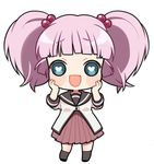  :d blue_eyes chibi full_body hair_bobbles hair_ornament hands_on_own_cheeks hands_on_own_face heart heart-shaped_pupils lowres nanamori_school_uniform open_mouth pink_hair school_uniform serafuku smile solo symbol-shaped_pupils twintails yoshikawa_chinatsu yurichika_(pixiv3221904) yuru_yuri 