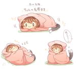  1girl :3 blanket brown_hair cat_tail check_commentary chen closed_eyes closed_mouth commentary commentary_request ibaraki_natou lying multiple_tails nekomata on_back on_stomach sleeping solo tail touhou translated two_tails zzz 