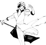  agatsumaattsu arrancar bleach braid ggio_vega greyscale long_hair male_focus mask monochrome open_mouth simple_background single_braid solo sword weapon white_background 