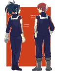  1girl black_hair boku_no_hero_academia boots burn_scar emu_(losspass) full_body height long_hair multicolored_hair ponytail red_hair scar short_hair todoroki_shouto two-tone_hair white_hair yaoyorozu_momo 