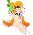  breasts clenched_teeth clitoris clothing female hair headphones inkling kneeling long_hair looking_at_viewer mask navel nintendo nipples orange_eyes orange_hair pussy r4 shirt shirt_lift simple_background smile solo splatoon spread_legs spreading teeth tentacle_hair tentacles twintails_(disambiguation) video_games wariza water_gun weapon white_background 