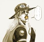  cape clenched_teeth cowboy_hat from_side goggles goggles_on_headwear gold_teeth gyro_zeppeli hat jojo_no_kimyou_na_bouken koffo-art long_hair male_focus pointing sepia signature solo spot_color steel_ball_run teeth upper_body 