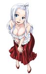  :d bare_shoulders blue_eyes breasts cleavage collarbone fairy_tail frills full_body hands_on_own_knees high_heels large_breasts leaning_forward long_hair long_skirt looking_at_viewer mashima_hiro mirajane_strauss official_art open_mouth scrunchie shiny shiny_clothes shiny_hair silver_hair skirt smile solo strapless topknot wrist_scrunchie 