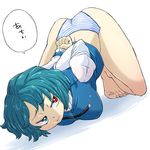  aono3 arms_behind_back barefoot blue_eyes face_down full_body green_hair heterochromia highres no_pants panties pout red_eyes short_hair simple_background solo speech_bubble striped striped_panties tatara_kogasa top-down_bottom-up touhou underwear white_background 