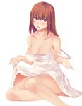  bare_legs blush breasts brown_hair cleavage collarbone dress dress_lift large_breasts long_hair looking_at_viewer muko_(kokia38) off_shoulder open_mouth original purple_eyes simple_background sitting sleeveless sleeveless_dress smile solo undressing white_background white_dress 