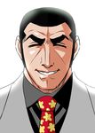  closed_eyes collared_shirt duke_tougou eyebrows facing_viewer golgo_13 grey_jacket grin jacket konno_tohiro male_focus necktie out_of_character shirt short_hair simple_background smile solo thick_eyebrows very_short_hair white_background 