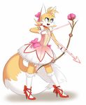  2015 anthro arrow bow bow_(weapon) canine clothing cosplay crossdressing dress eyeliner flower footwear fox fur girly gloves hair_bow high_heels knee_socks legwear madoka_kaname magic magical_girl mahou_shoujo_madoka_magica makeup male mammal miles_prower multicolored_fur multiple_tails neck_bow neck_ribbon open_mouth plant ranged_weapon ribbons shoes simple_background smile socks solo sonic_(series) sparkydb standing two_tone_fur weapon white_background white_fur yellow_fur 