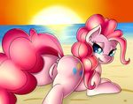  2015 beach blue_eyes butt cutie_mark dock earth_pony equine female feral friendship_is_magic hair horse long_hair looking_at_viewer lying mammal my_little_pony on_front outside pink_hair pinkie_pie_(mlp) pony pussy seaside solo twistedscarlett60 water 