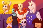  2015 alphys anthro armor asgore_dreemurr bald black_sclera blonde_hair blue_eyes bone boss_monster bruised buckteeth caprine claws clothed clothing crown eye_patch eyes_closed eyewear female fish frisk glasses gloves goattrain group hair horn human jacket lab_coat male mammal marine monster outside pants papyrus_(undertale) red_eyes reptile robe sans_(undertale) scalie sharp_teeth shirt skeleton smile tank_top teeth toriel undertale undyne video_games white_eyes wounded 