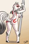 2015 amaterasu anthro bent_over black_sclera breasts butt canine capcom dancing deity drako1997 female fur mammal nipples pole pole_dancing pussy solo stripper_pole tongue tongue_out video_games white_fur wolf yellow_eyes ōkami 
