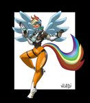  anthro anthrofied black_border blizzard blonde_hair blue_feathers blue_fur blue_hair border clothed clothing digital_media_(artwork) equine feathers female friendship_is_magic fur green_hair gun hair hi_res horse mammal multicolored_hair my_little_pony orange_hair overwatch pegasus pony purple_hair rainbow_dash_(mlp) rainbow_hair ranged_weapon red_hair simple_background smile teeth tracer vladiverse weapon white_background wings 