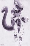  2015 ambiguous_gender anthro armor clothed clothing feline legendary_pok&eacute;mon mammal mewtwo monochrome nintendo pok&eacute;mon raised_tail simple_background sketch solo spectrumshift traditional_media_(artwork) video_games white_background 