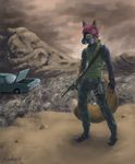  2015 anthro brown_fur canine car clothed clothing collar english_text footwear fox fur gas_mask green_eyes gun hair male mammal outside pants purple_hair ranged_weapon rifle shirt shoes solo spectrumshift text vehicle weapon 