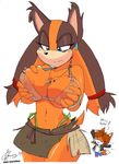  2014 akatsukishiranui-fox anthro areola badger big_breasts breast_fondling breasts canine cleavage clothed clothing duo erect_nipples female fondling fox hand_on_breast huge_breasts male mammal mustelid nipples sonic_(series) sonic_boom sticks_the_jungle_badger 
