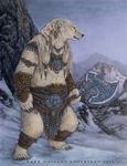  2015 anthro armor axe bear claws dark_natasha female male mammal melee_weapon mountain outside piercing polar_bear snow solo traditional_media_(artwork) war_axe weapon 