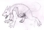  2015 all_fours anthro balls canine claws clothed clothing male mammal monochrome open_mouth penis sharp_teeth side_view simple_background sketch spectrumshift teeth toe_claws tongue tongue_out torn_clothing traditional_media_(artwork) transformation were werewolf white_background 