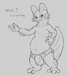  2015 anthro anthrofied barefoot belly big_belly bulge clothed clothing dialogue english_text fin grey_background half-dressed hand_on_hip inviting male monochrome navel nintendo pok&eacute;mon pok&eacute;morph simple_background smile solo spectrumshift swampert text topless underwear video_games 