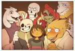  3girls ;p =_= alphys androgynous asgore_dreemurr beard blonde_hair brothers brown_hair child everyone eyepatch eyeshadow facial_hair frisk_(undertale) glasses good_end grin group_picture hands_clasped head_fins hood hoodie horns makeup monster_boy monster_girl multiple_boys multiple_girls one_eye_closed own_hands_together palidoozy-art papyrus_(undertale) photo_(object) purple_eyes red_hair sans scarf shirt siblings skeleton smile spoilers striped striped_shirt tongue tongue_out toriel undertale undyne v 