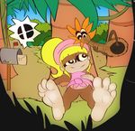  4_toes barefoot blonde_hair dixie_kong donkey_kong_(series) duo female hair hat hypnosis jungle logo long_hair lying mammal mind_control monkey musical_instrument nintendo on_back ponytail primate smile soles super_smash_bros toes video_games vines zuneycat 