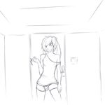  2015 anthro bare_shoulder bulge clothing door eyelashes floppy_ears front_view girly hair keys lagomorph legwear looking_at_viewer male mammal monochrome naughty_face nirai_(artist) one_eye_closed panties rabbit seductive shirt sketch smile solo tank_top thigh_highs underwear wink zack_(thezackrabbit) 