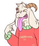  2015 anthro asriel_dreemurr caprine christmas clothed clothing english_text fur goat holidays horn long_ears long_tongue male mammal monster open_mouth pointing simple_background solo sweater teeth text tongue tongue_out undertale unknown_artist video_games white_fur yellow_eyes 