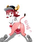  2013 absurd_res all_fours anthro anus baseball_uniform black_fur blue_nose blush bovine buffalo_bell clothed clothing dripping female footwear fur gloves hair hat hi_res horn japanese_text leaking legwear looking_at_viewer looking_back mammal nippon_professional_baseball no_underwear open_mouth orix_buffaloes partially_clothed pink_eyes pink_fur pink_hair pussy pussy_juice raised_tail rear_view sake_(pixiv) shirt shoes simple_background skirt socks solo tail_tuft text tongue tuft upskirt white_background white_fur 