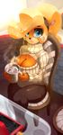  2015 anthro bandicoot big_breasts breasts chair cleavage clothed clothing coco_bandicoot crash_bandicoot_(series) cup don_ko female glass hair holding inside keyhole_turtleneck looking_at_viewer mammal marsupial solo sweater video_games 