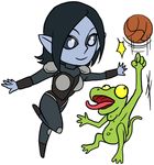  ambiguous_gender armor basketball bhansith black_eyes black_hair black_sclera breasts clothed clothing curtsibling digital_media_(artwork) duo eyebrows female green_skin grey_eyes hair humanoid lizard looking_up mcreptile mcreptile_(comic) open_mouth reptile scalie smile sport tongue tongue_out yellow_sclera 