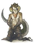  2015 anthro belt brown_fur canine clothed clothing cobra fur grin half-dressed hybrid kneeling long_tail looking_at_viewer mammal nelizar_(character) orange_eyes pants pubes reptile scales scalie seductive sheath simple_background smile snake solo striptease sweetsasu topless white_background wolf yellow_eyes 