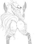  anthro anus bandage bent_over bloodborne butt claws greyscale horn long_claws monochrome pussy pussy_juice rear_view sharp_claws simple_background teeth tongue tongue_out unknown_artist vicar_amelia white_background 