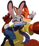  2015 anthro canine claws digitigrade disney duo female fox green_eyes judy_hopps lagomorph larger_male male mammal nick_wilde one_eye_closed purple_eyes rabbit selfie simple_background size_difference smaller_female sssonic2 white_background wink zootopia 
