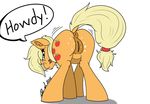  2015 adnarai anus applejack_(mlp) blonde_hair butt cutie_mark dock earth_pony equine female feral freckles friendship_is_magic hair horse looking_at_viewer looking_back mammal my_little_pony open_mouth pony presenting pussy simple_background solo speech_bubble white_background 