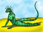  2003 anthro blue_sky breasts desert female green_scales happy iguana lizard looking_at_viewer lying nipples non-mammal_breasts nude on_front opal_weasel outside reptile sand scales scalie sky smile solo spikes 