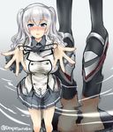  anchor blue_eyes blush breasts holding holding_panties kantai_collection kashima_(kantai_collection) kimura_shuuichi large_breasts looking_at_viewer military military_uniform miniskirt panties panties_removed pleated_skirt presenting_panties reflection ripples silver_hair skirt solo standing twintails underwear uniform water 