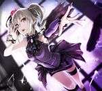  angel_wings armpits bare_shoulders black_wings commentary_request detached_sleeves dress drill_hair flower gothic_lolita hair_flower hair_ornament hair_ribbon idolmaster idolmaster_cinderella_girls kanzaki_ranko lolita_fashion long_hair looking_at_viewer open_mouth purple_dress red_eyes ribbon rosenburg_engel silver_hair sleeveless sleeveless_dress smile solo tea_(nakenashi) thigh_strap twin_drills twintails wings 